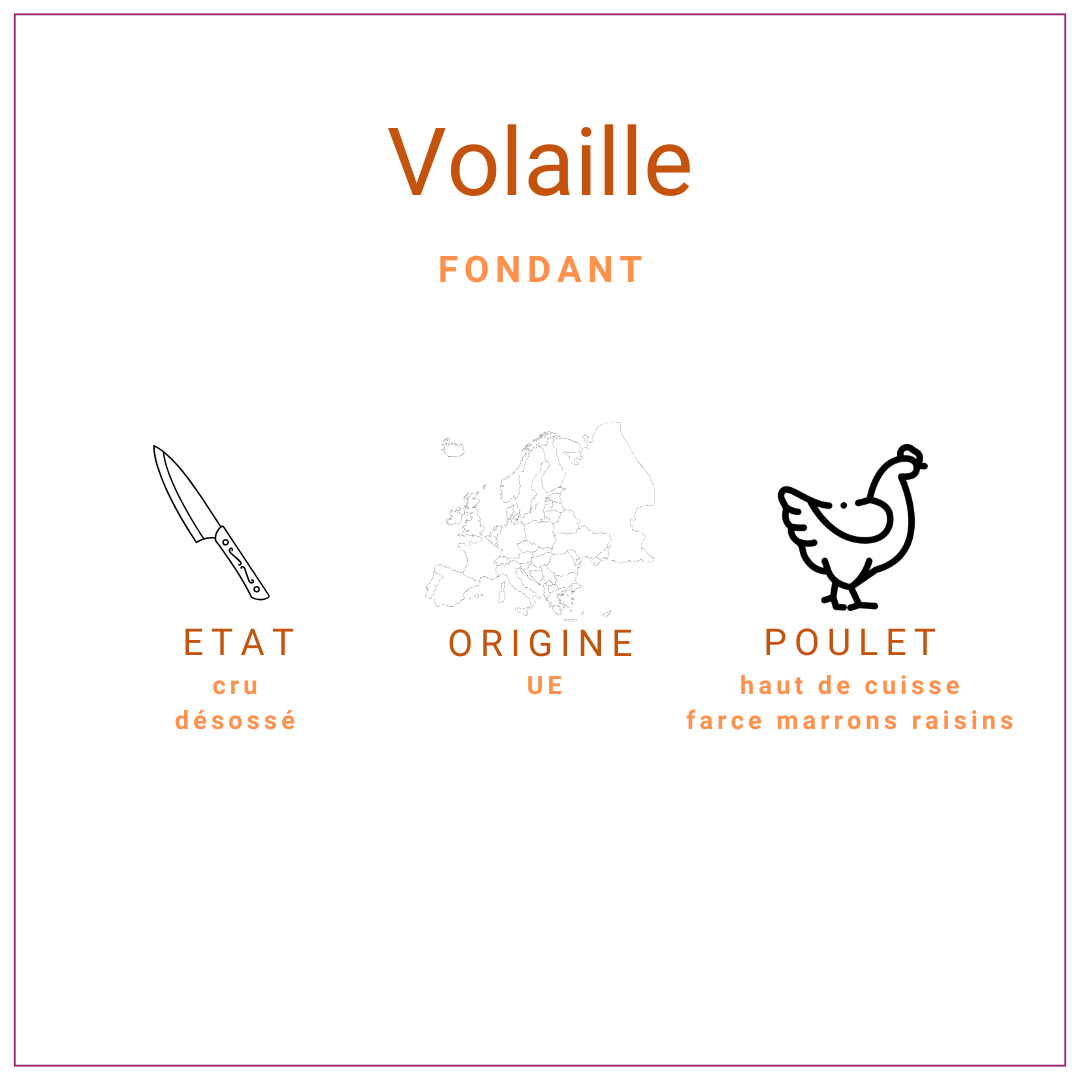 Fondant de poulet jaune cru, farce aux marrons